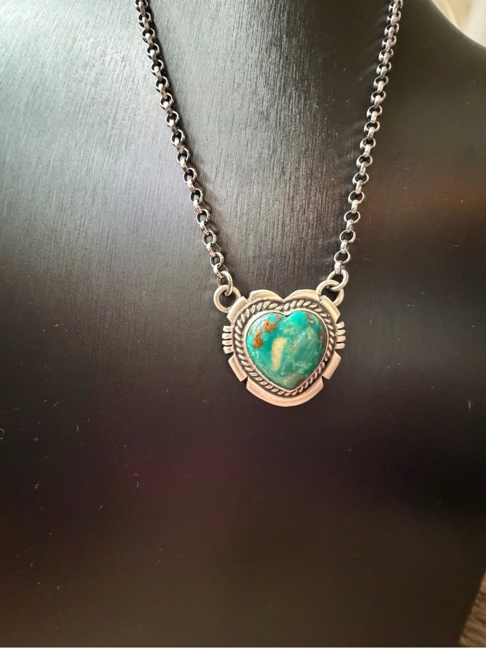 Jon McCray Navajo Handmade Sterling Silver Heart Turquoise Pendant Necklace -m